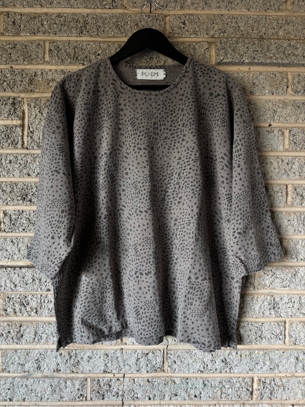 PO-EM Handwoven Cotton Block Print Oversized Top One Size Gray